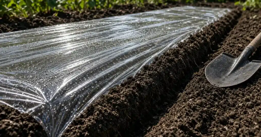 Soil Solarization for Cannabis Beds: clear plastic stretched over a garden bed