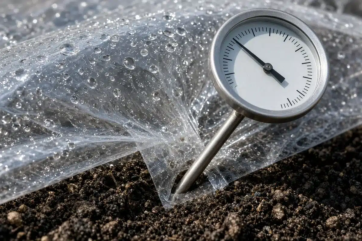 Soil thermometer checking temperature under a clear solarization tarp