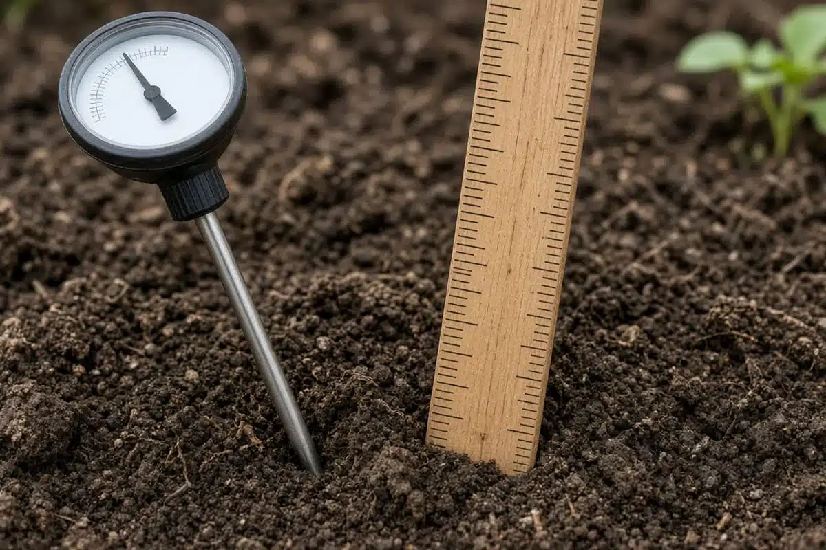 Soil thermometer probe inserted four to six inches deep beside a ruler