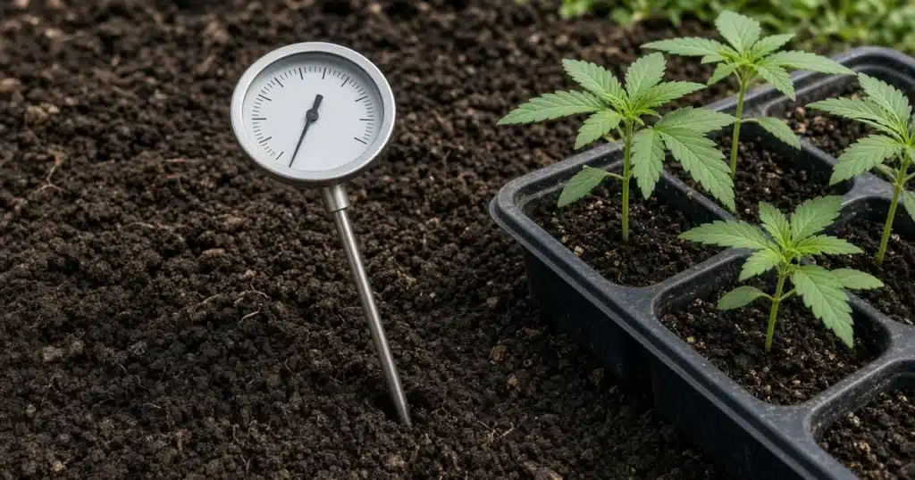 Soil temperature for planting: a soil thermometer in a bed beside young cannabis transplants