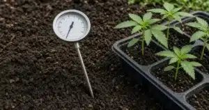 Soil temperature for planting: a soil thermometer in a bed beside young cannabis transplants