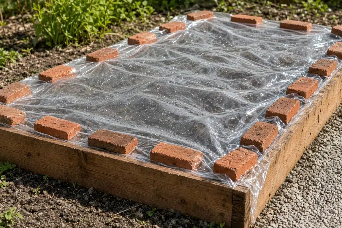 Raised garden bed covered with clear plastic to warm the soil in spring