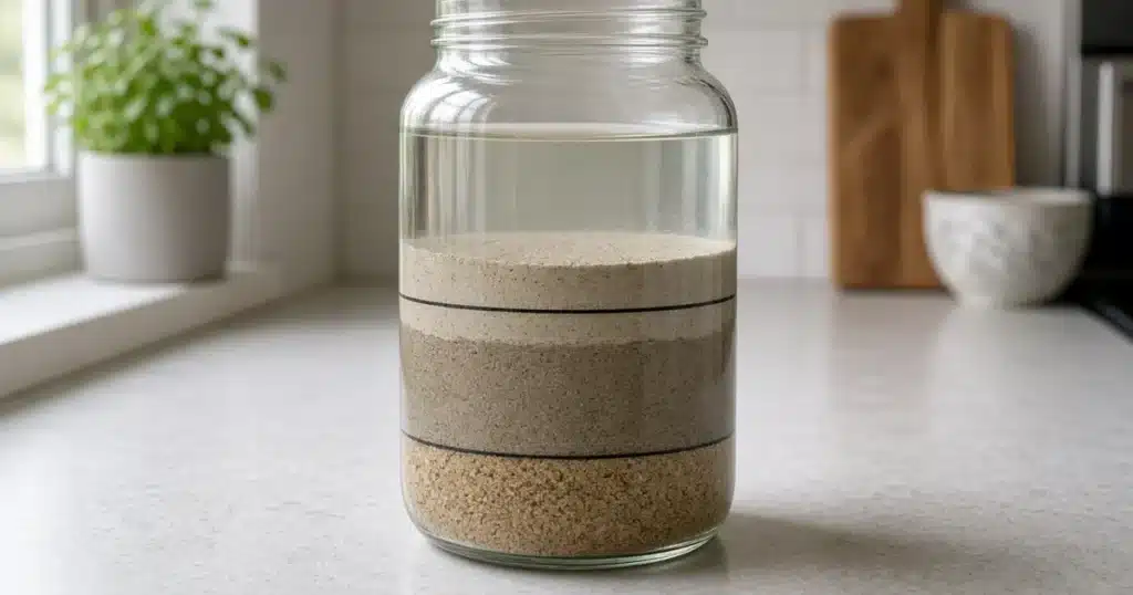 Soil texture jar test: a clear jar showing settled sand, silt and clay layers