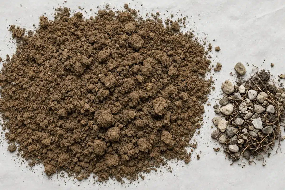 Garden soil drying on newspaper with rocks and roots removed before a jar test