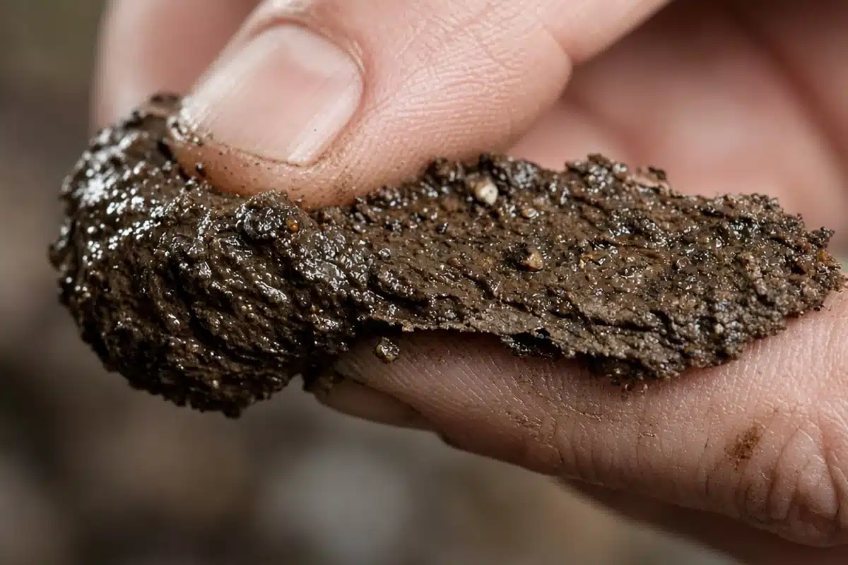 Moist soil squeezed into a ribbon between thumb and finger to judge texture