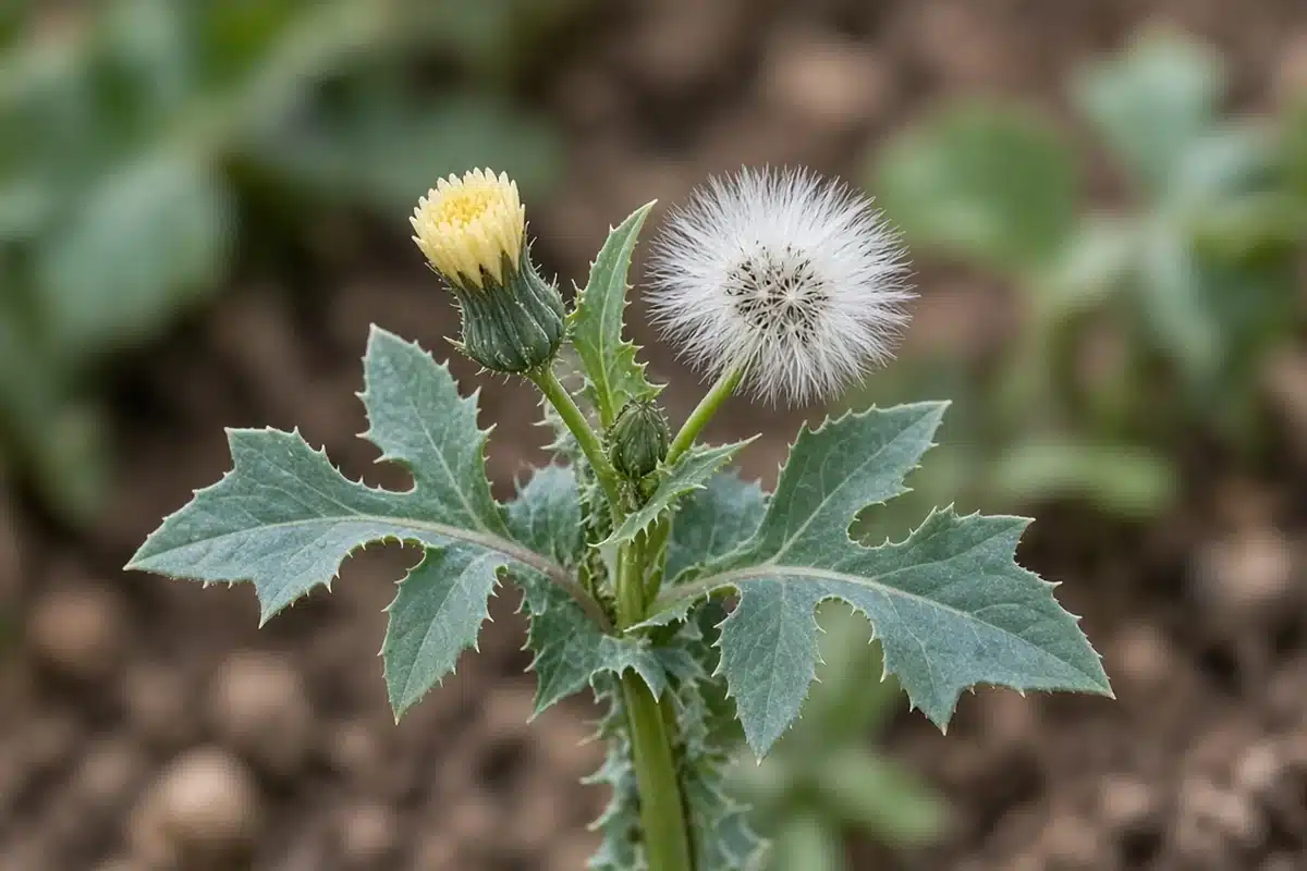 Sowthistle stem with a yellow flower, a fluffy seed head and spiny-edged leaves