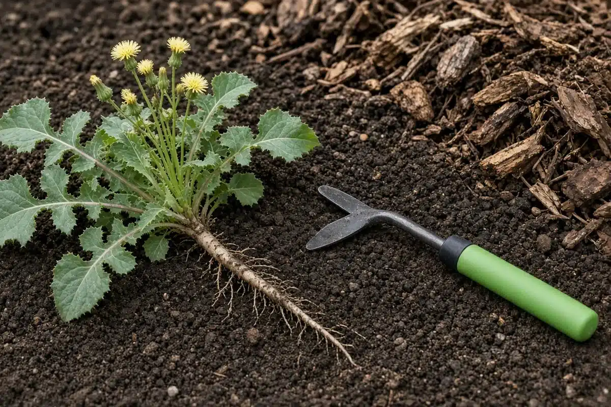 Pulled sowthistle with yellow flowers and taproot beside a green-handled weeding fork on soil