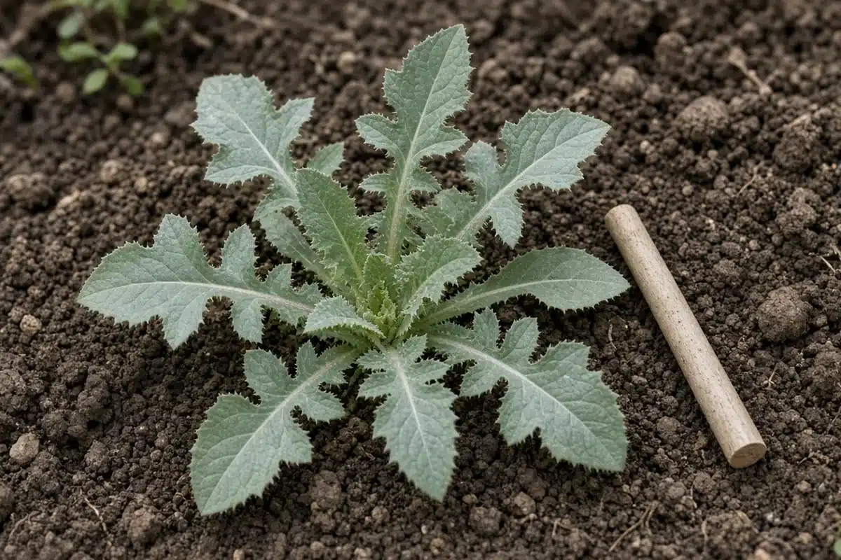 Sowthistle rosette of lobed, toothed leaves on bare soil beside a wooden dowel