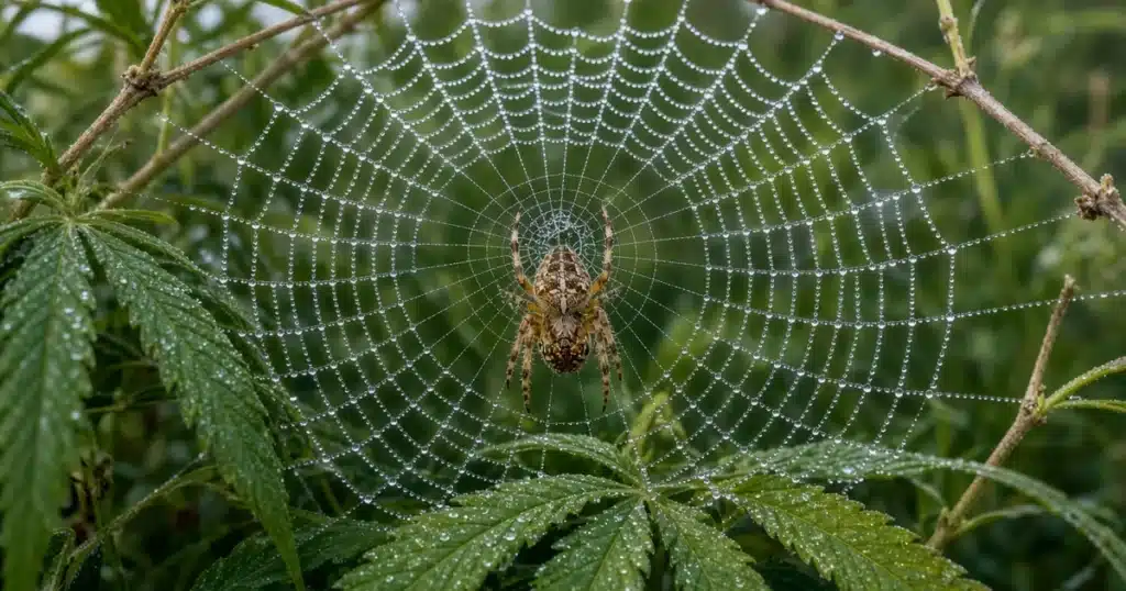 Spiders in cannabis gardens: an orb web strung between leaves in late summer