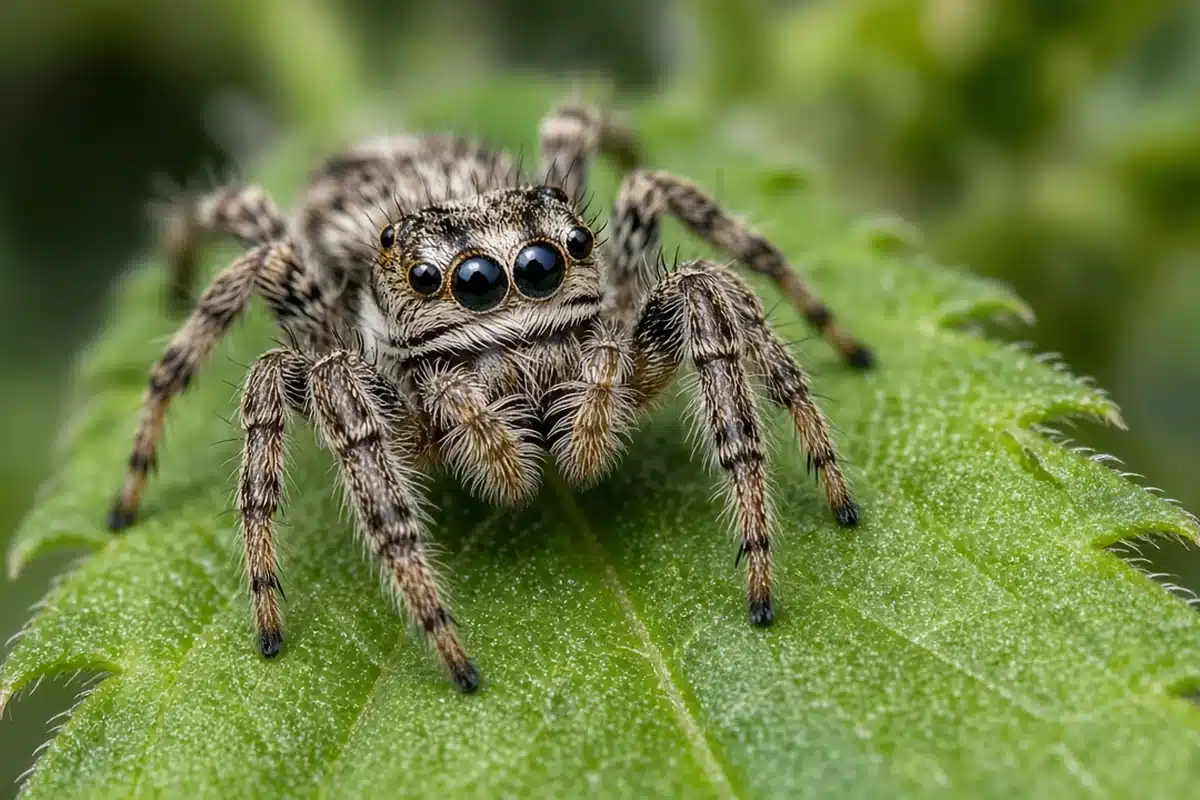 A small compact jumping spider sitting on a green leaf