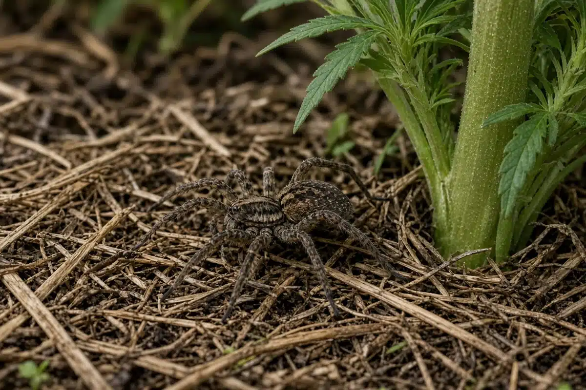 Garden bed edge covered with organic mulch that gives spiders shelter