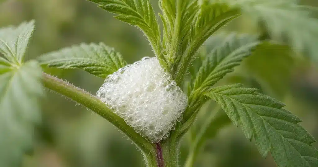 White spittlebug foam in a leaf joint on a green plant stem