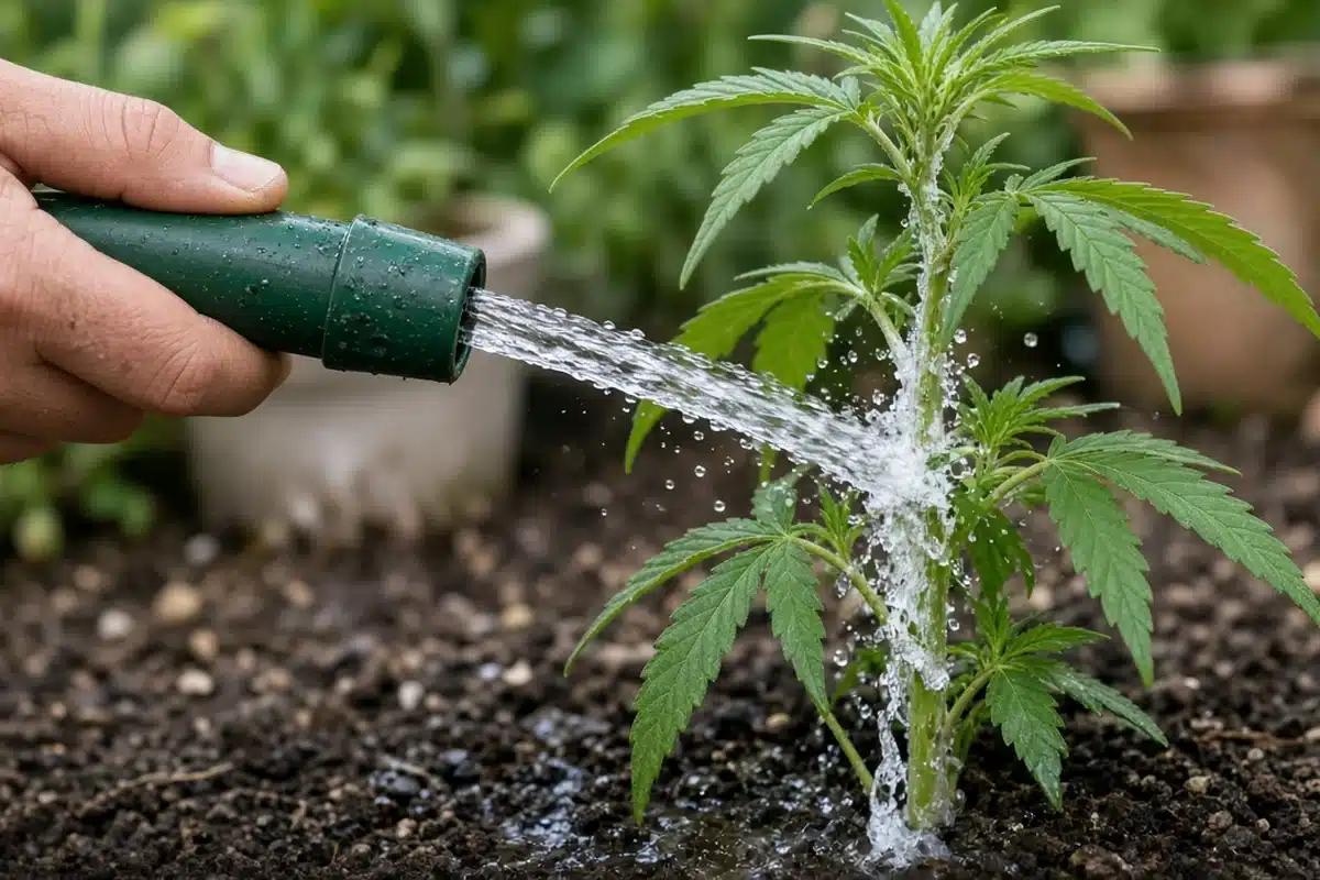 Gardener rinsing spittlebug foam off a plant stem with a hose