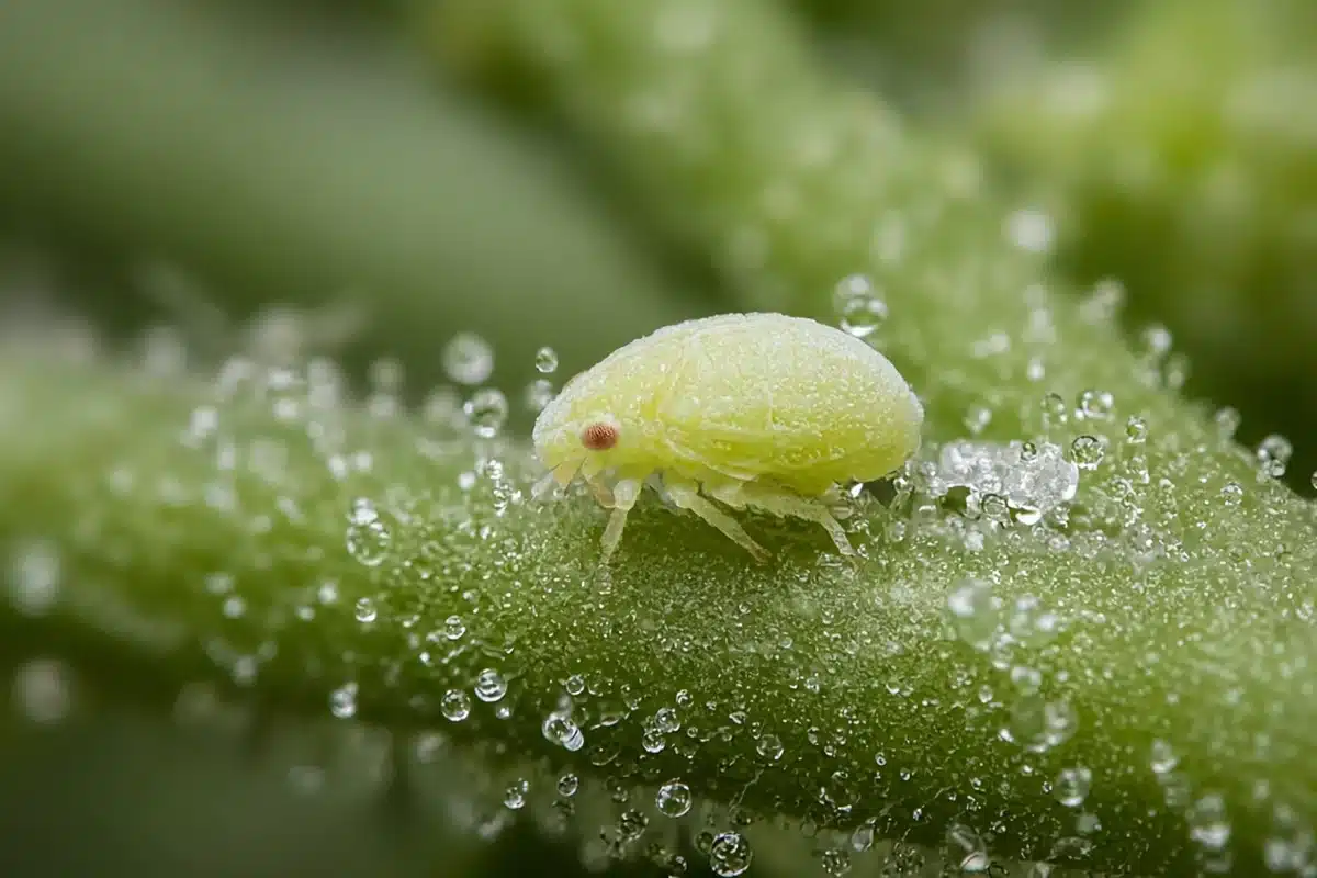 Pale green spittlebug nymph exposed after removing its foam