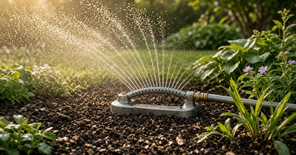 Watering a garden with a sprinkler: an oscillating sprinkler over a backyard bed in early morning light