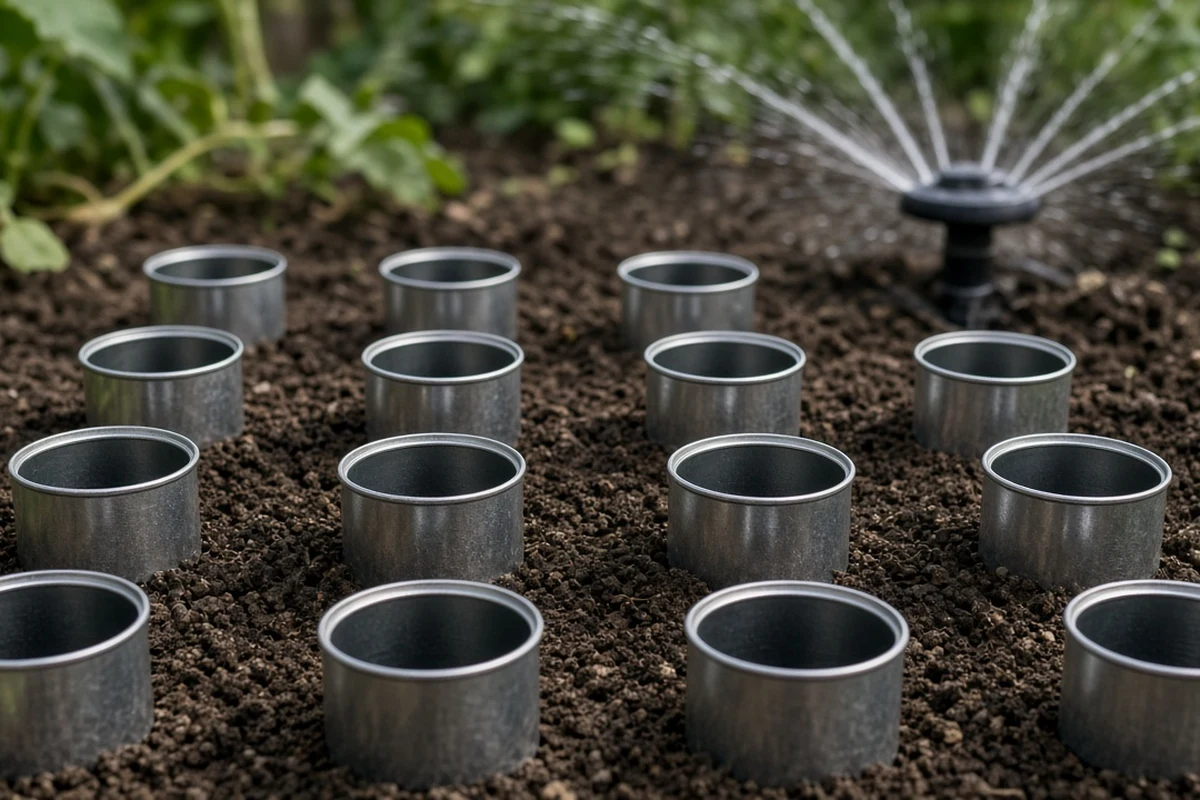 Small straight-sided cans set out in a garden bed to measure sprinkler output