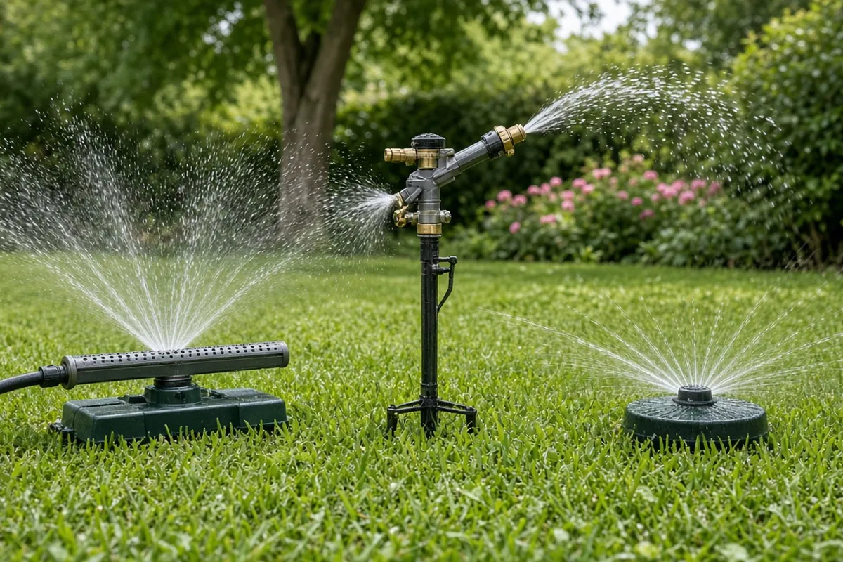 Oscillating, impulse and fixed garden sprinklers lined up on a lawn