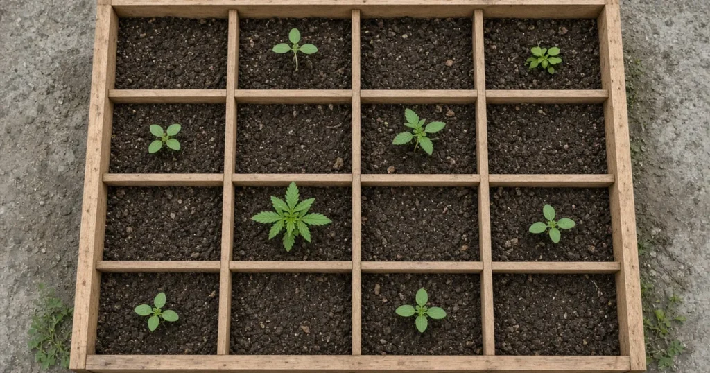 Square foot gardening: a 4 by 4 foot raised bed divided into sixteen squares