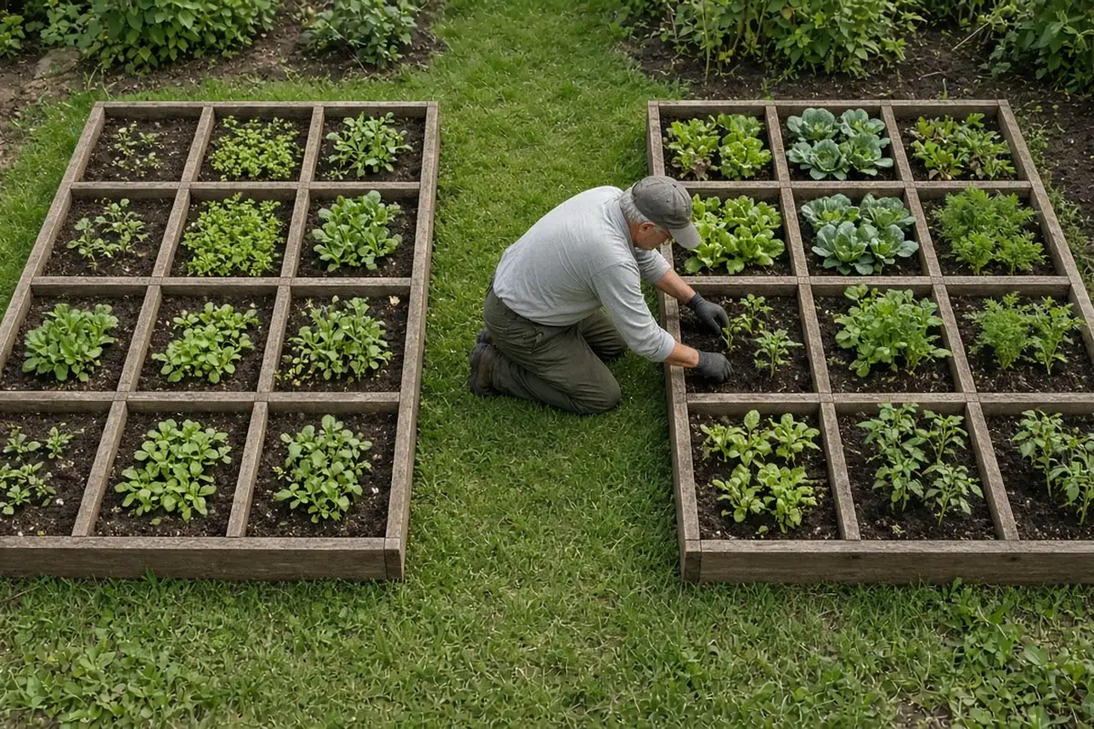 Gardener kneeling in a wide aisle and reaching into a square foot bed