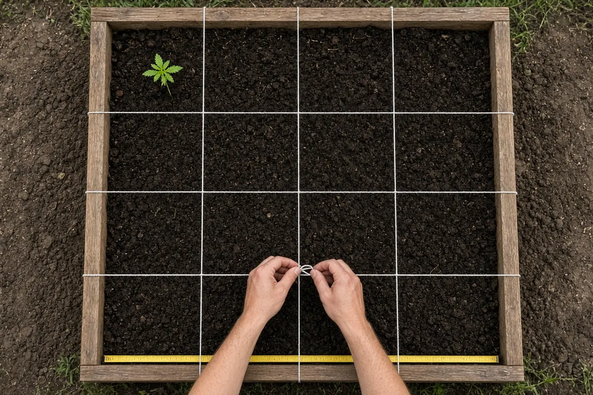Hands tying twine across a raised bed to mark a one-foot grid