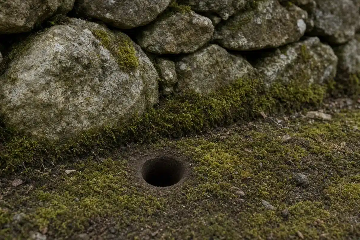 Small round chipmunk burrow entrance beside a stone wall with no soil mound