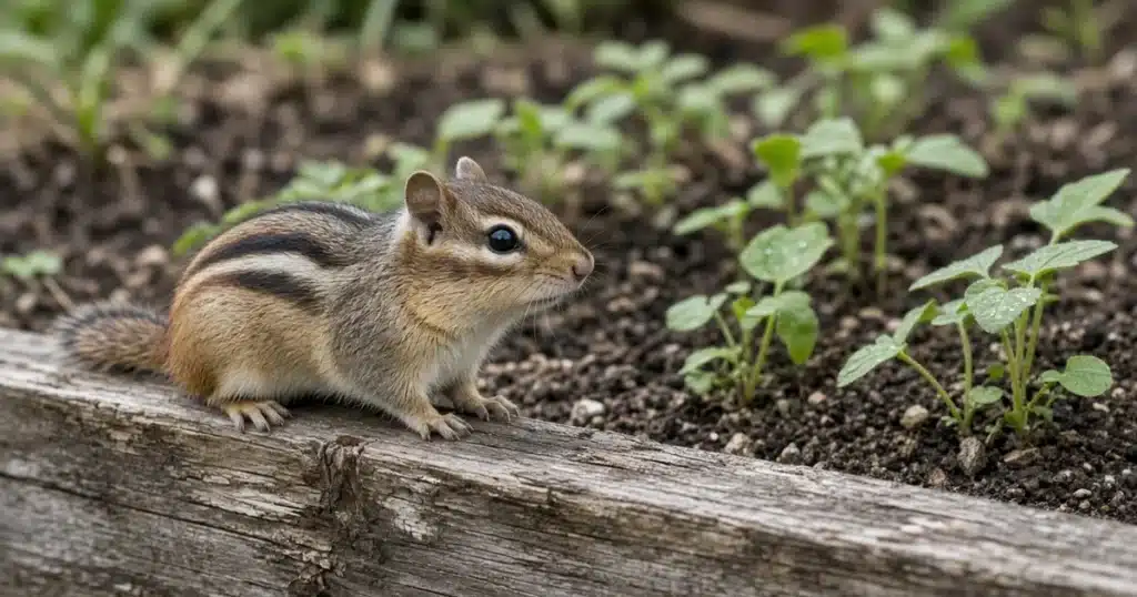 Squirrels and chipmunks in cannabis gardens: a chipmunk at the edge of a new bed