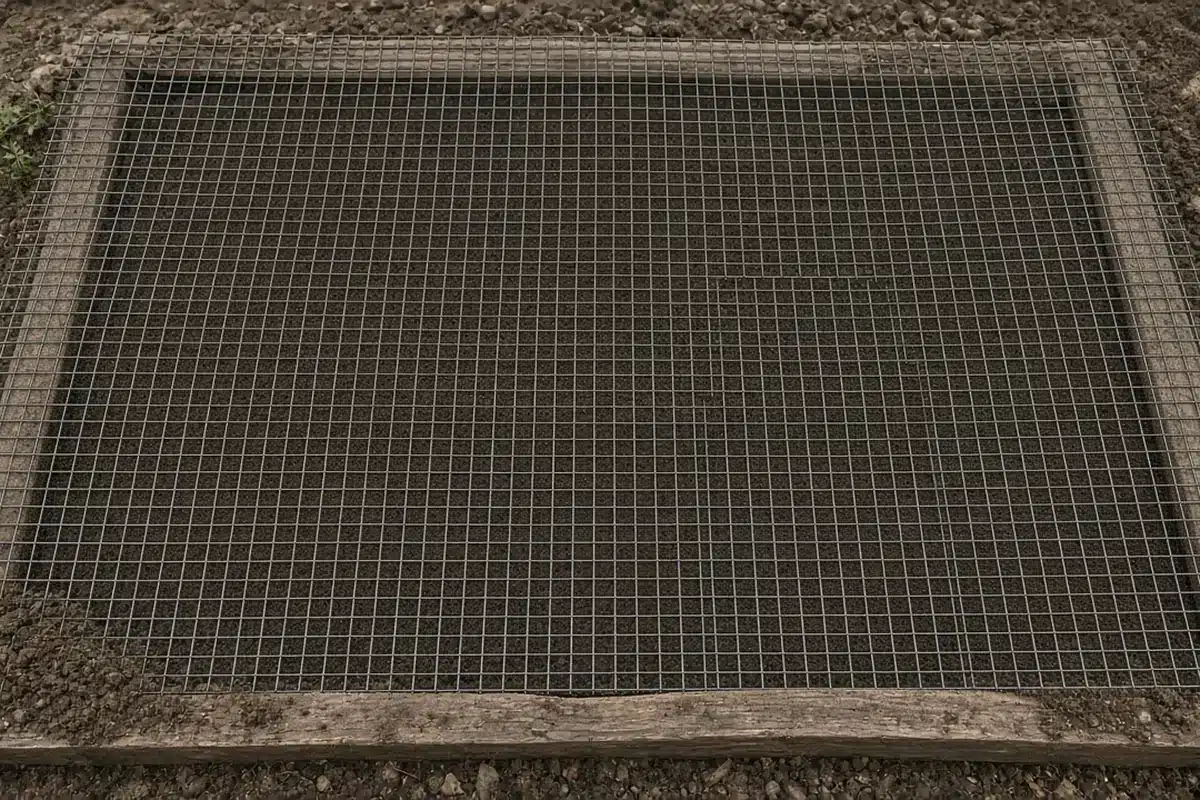 Quarter-inch hardware cloth laid over a seeded bed and extending past its edges