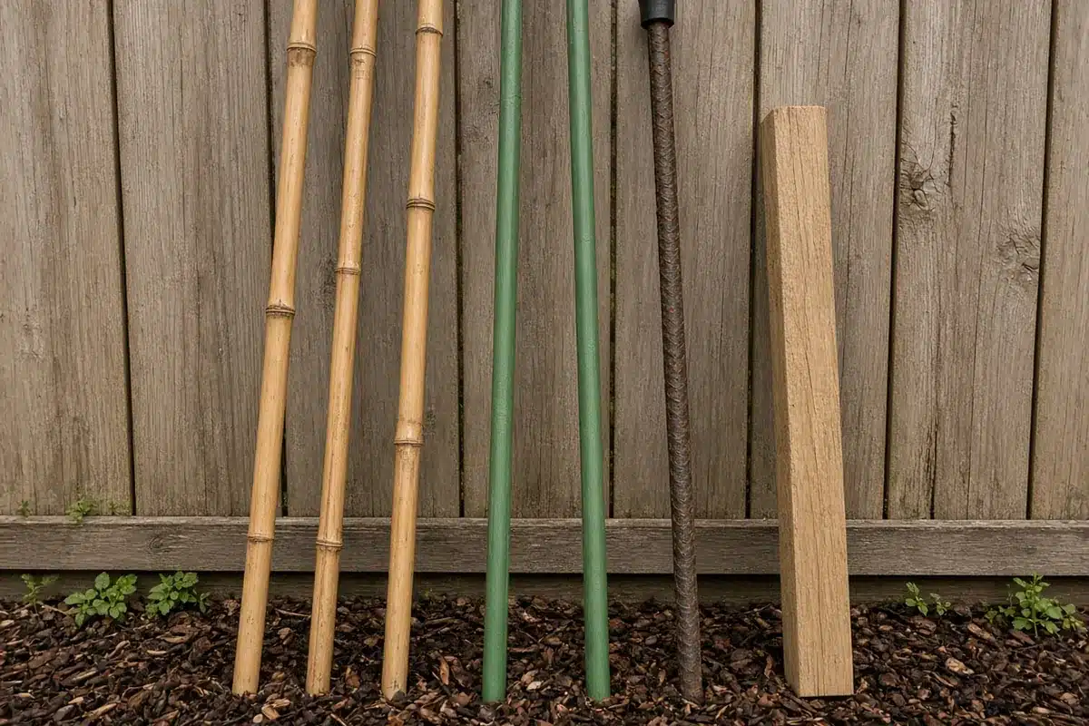Bamboo canes, green coated steel stakes, a capped rebar rod and a square wood post leaning against a wooden fence
