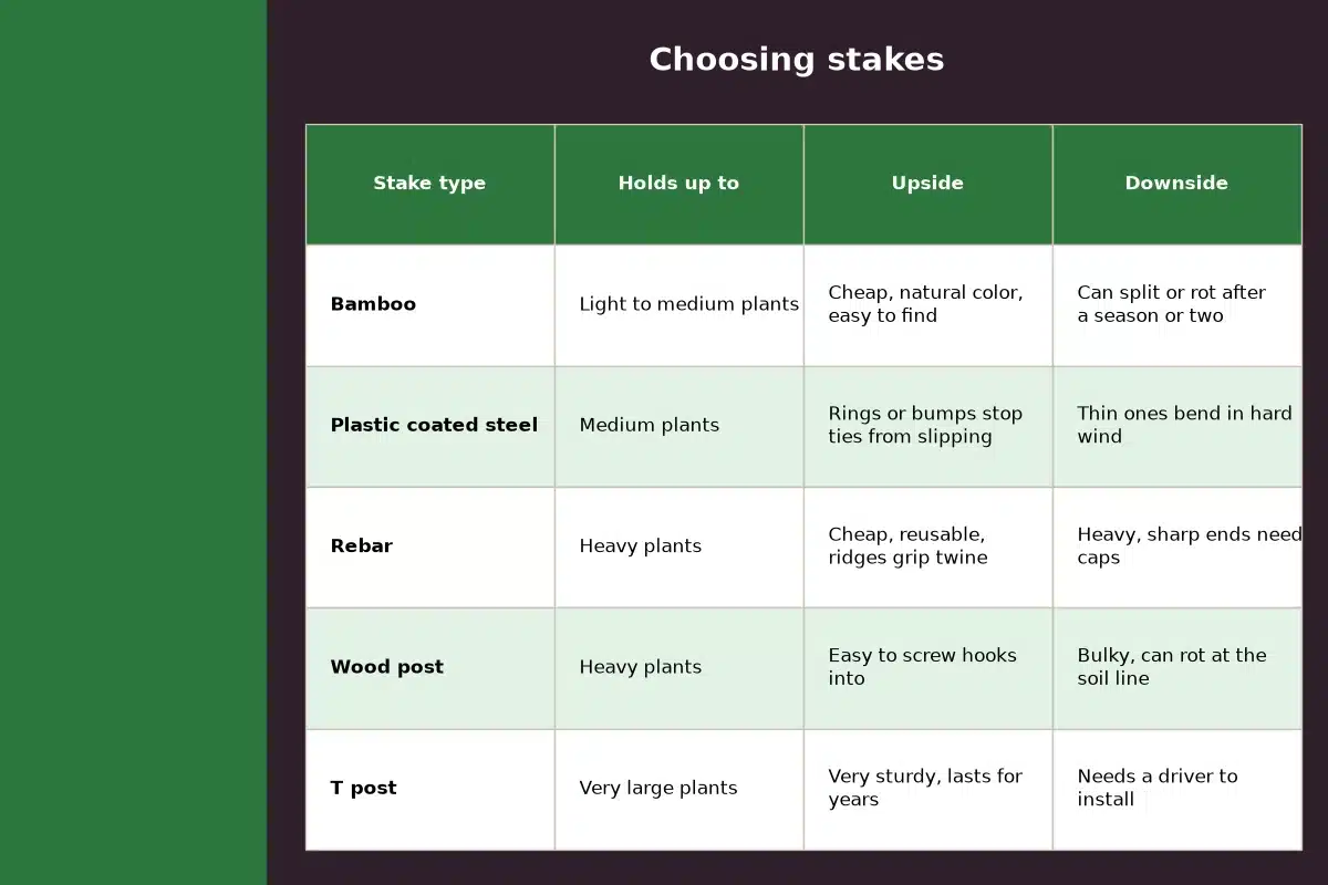 Table chart titled Choosing stakes, comparing holds up to, upside, downside for each stake type