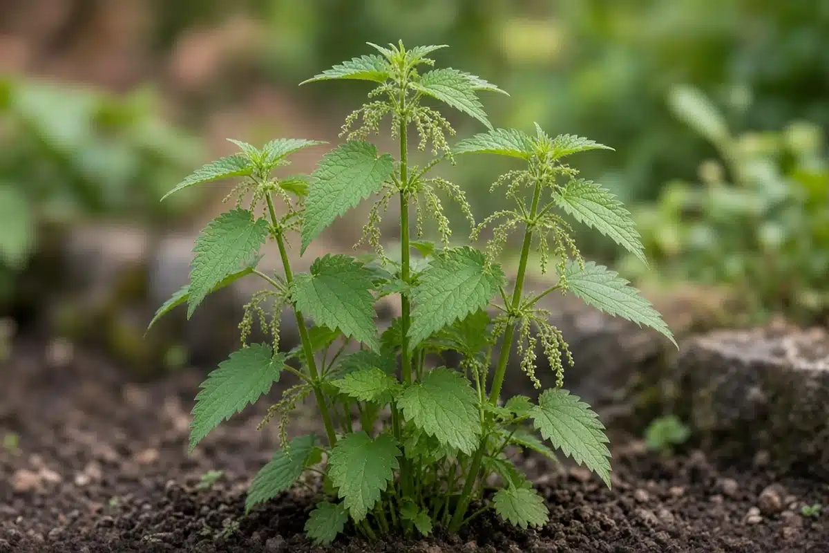 Stinging nettle with opposite toothed leaves on upright stems in a garden bed