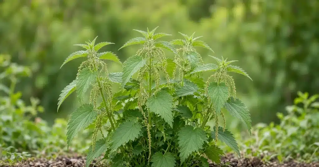Stinging nettle with toothed leaves growing in a garden bed