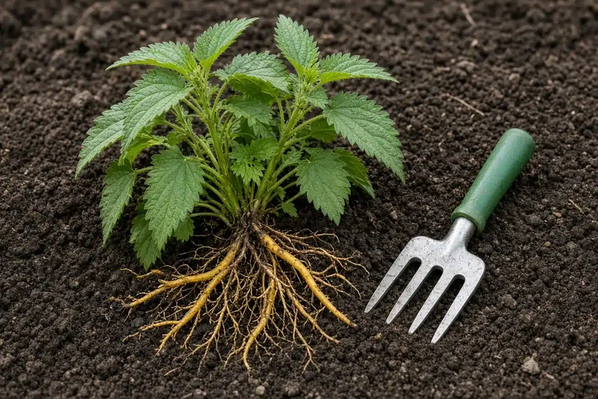 Pulled stinging nettle with yellow roots beside a green-handled weeding fork