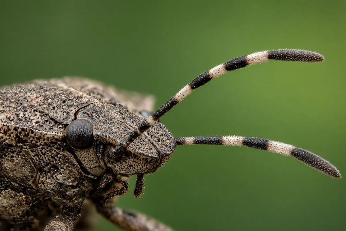 Close view of the light and dark banded antenna tips of a brown marmorated stink bug