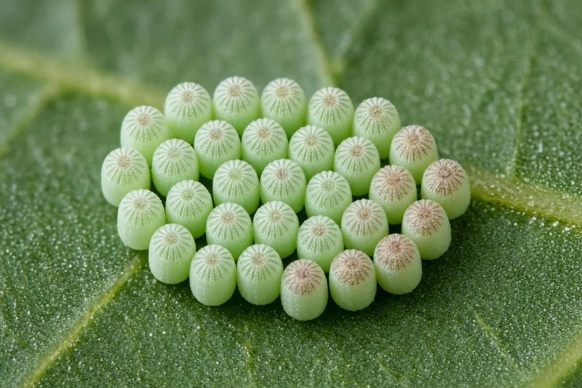 Cluster of pale green barrel shaped stink bug eggs under a leaf