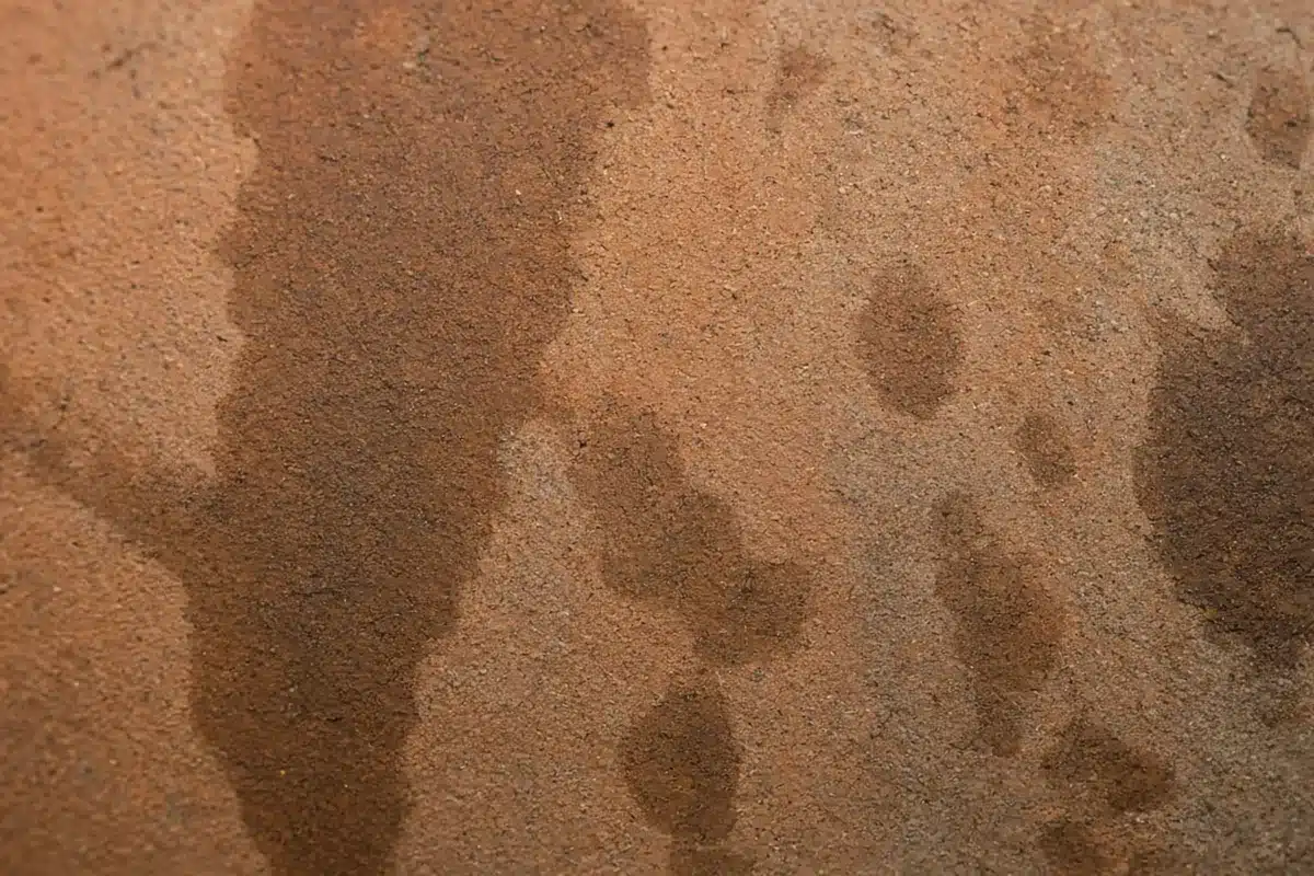 Damp terracotta pot wall showing water moving through the clay