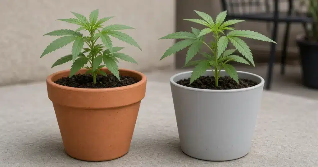 Terracotta vs plastic pots for cannabis: two young plants in clay and plastic pots