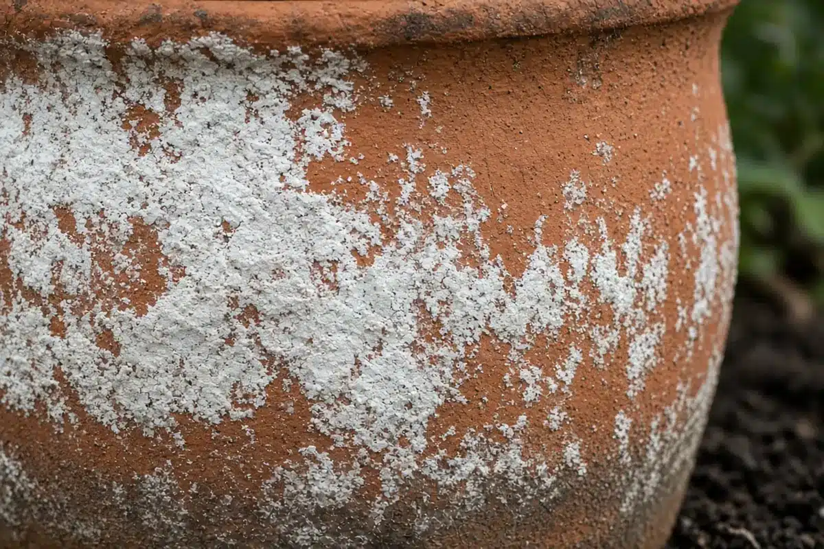 White mineral crust on the outside of a terracotta pot
