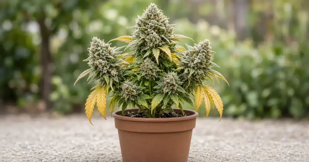 Potted cannabis plant in late flower with frosty colas and yellowing fan leaves
