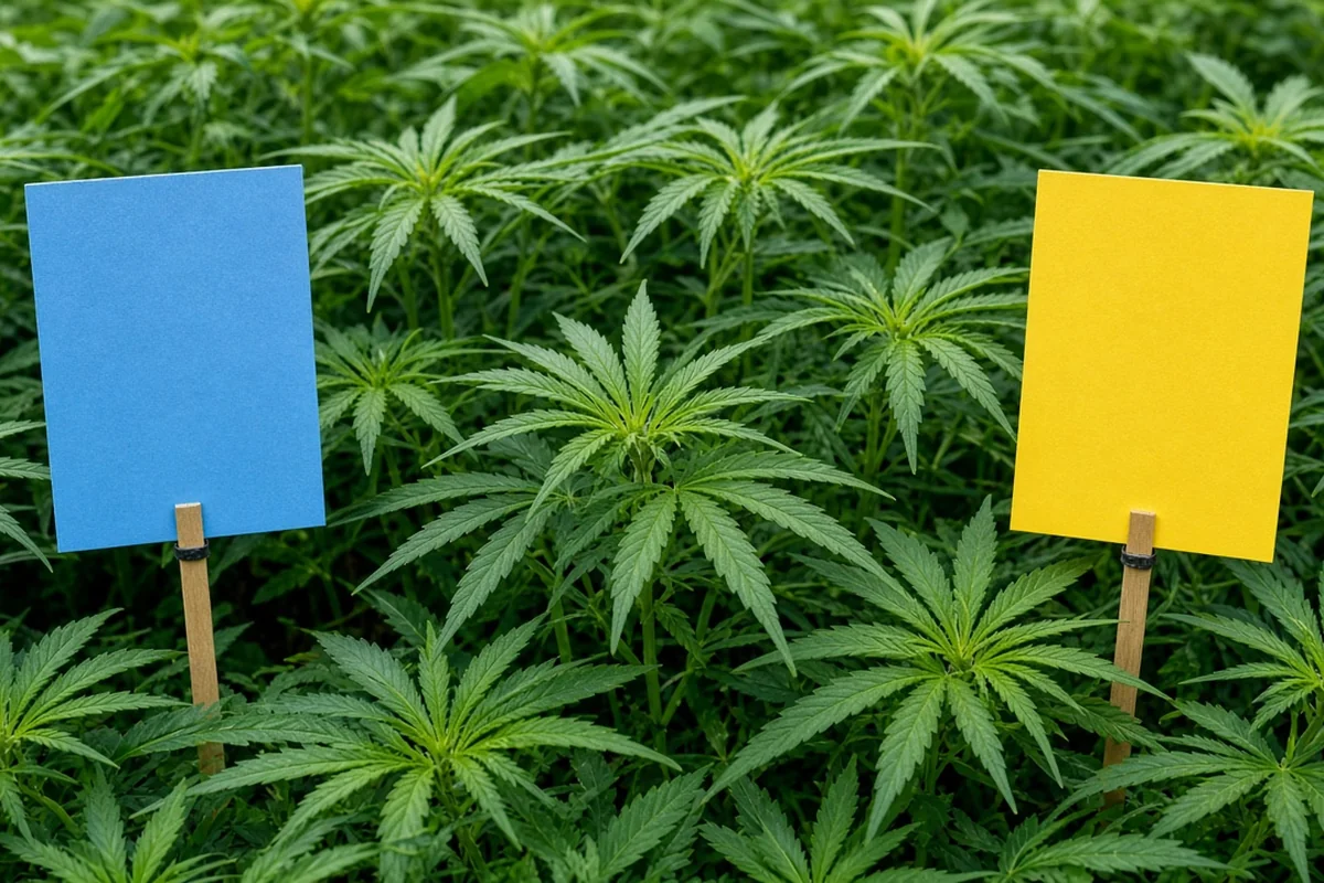 Blue and yellow sticky cards hung just above a cannabis canopy