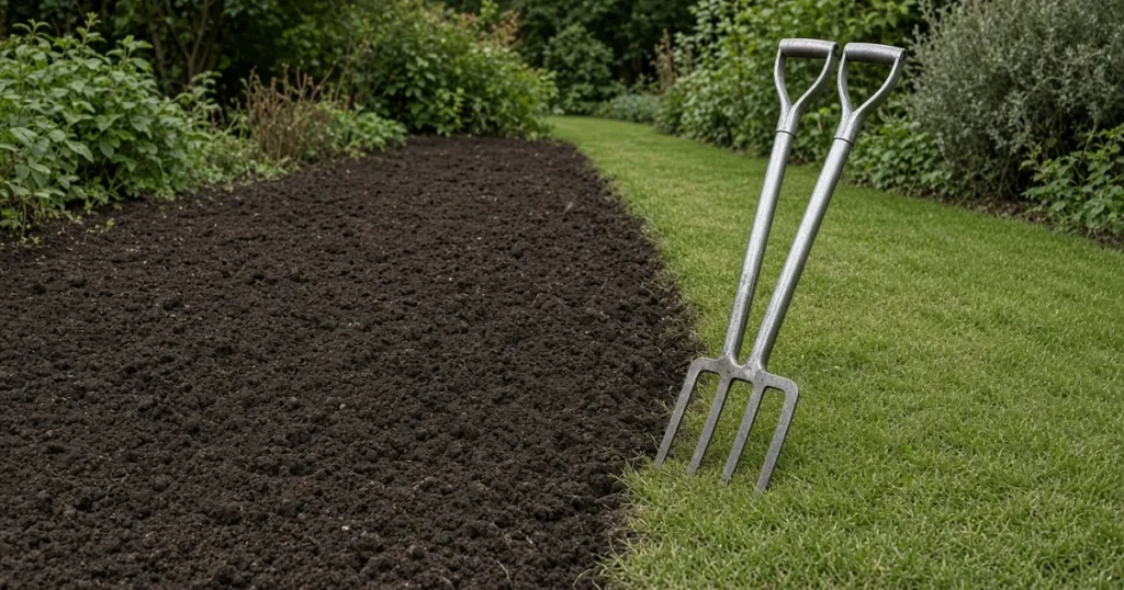 No till gardening: a narrow permanent bed with crumbly soil beside a path and a broadfork