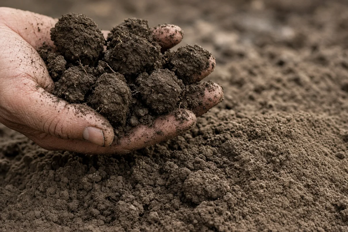Crumbly soil aggregates held in a hand beside fine, powdery tilled soil
