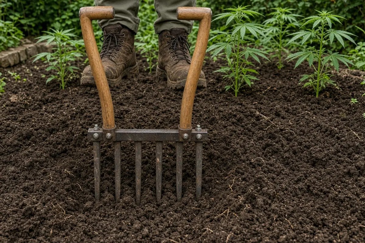 Gardener using a broadfork to loosen a bed without turning the soil over