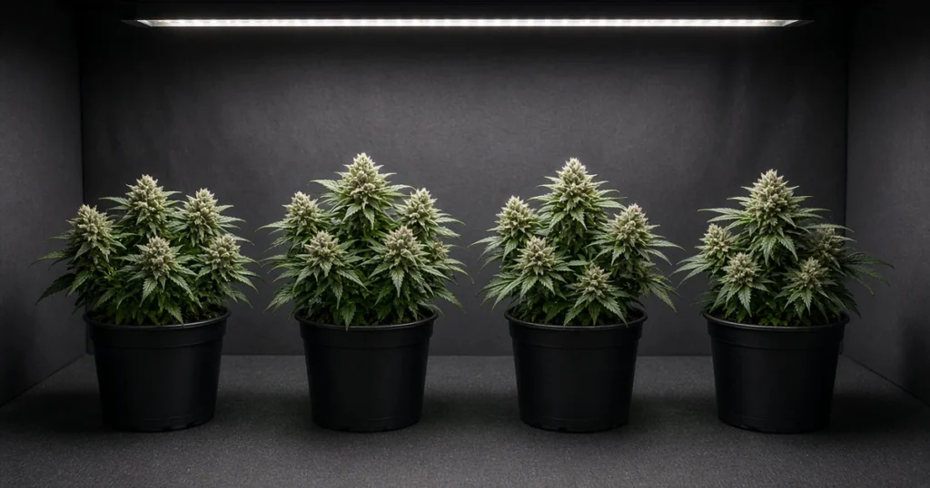 Compact indica autoflower cannabis plants with chunky buds in small pots