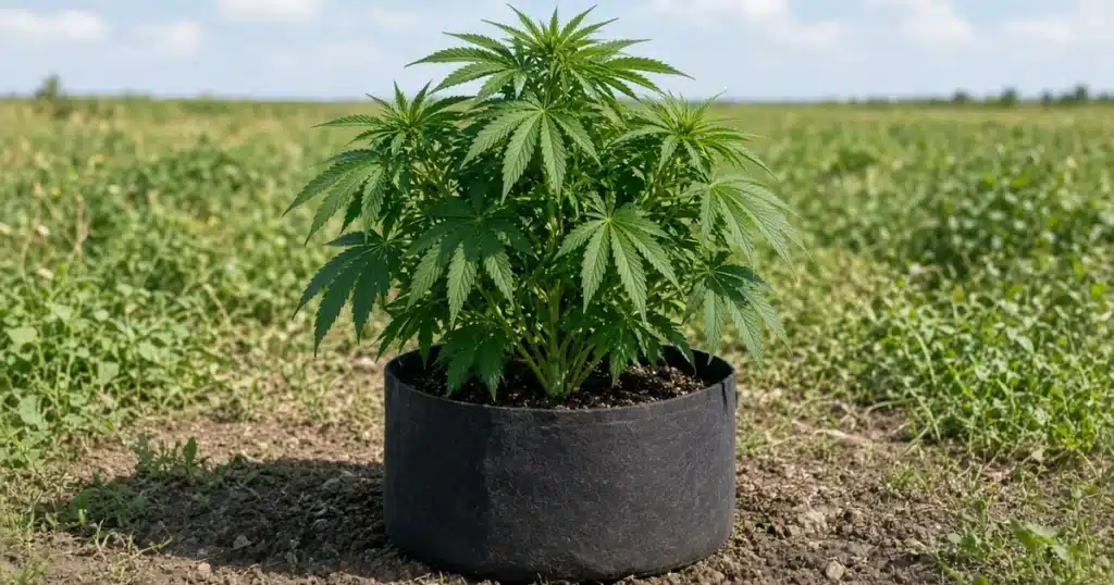 Large bushy cannabis plant in a fabric pot in an open field