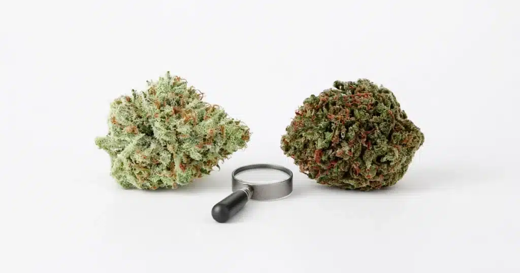 Fluffy frosty cannabis bud beside a dense dark bud with a magnifying glass between them