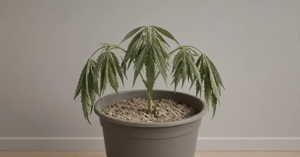 Underwatering cannabis: a plant with limp leaves in a pot of dry soil