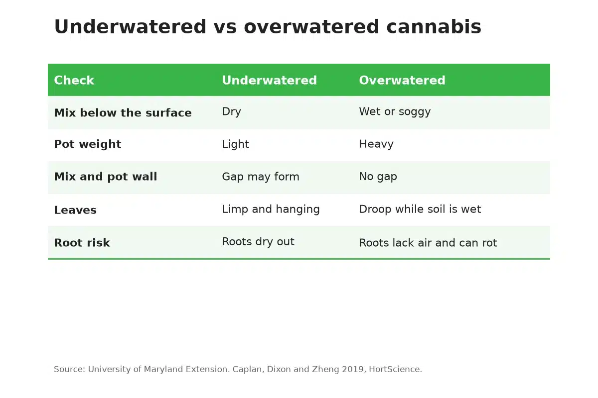 Table comparing underwatered and overwatered cannabis plant signs