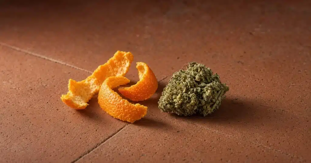 Curls of fresh orange peel beside a cured cannabis bud on a terracotta tile