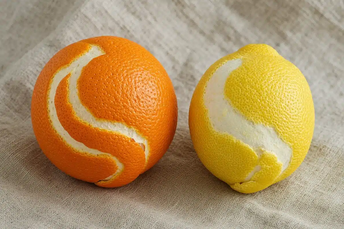 Whole orange and whole lemon with strips of peel cut away on a linen cloth