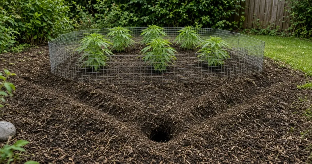 Vole runways through matted mulch beside a wire fenced backyard cannabis bed